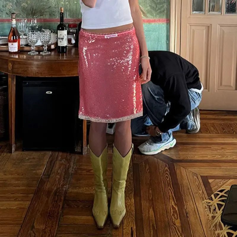 Vintage Sweet Pink Sequin Skirt for Women Simple Slim Fit Bodycon Skirts 2025 Summer Allmatch Faldas Sexy Mujer 251022