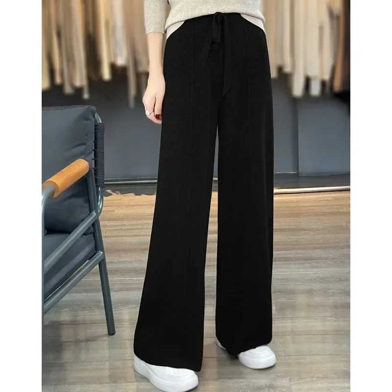 Autumn and Winter Womens High Waisted Warm Knitted Wide Leg Straight Leg Pants Solid Color Hanging Loose Wide Leg PantsT251022