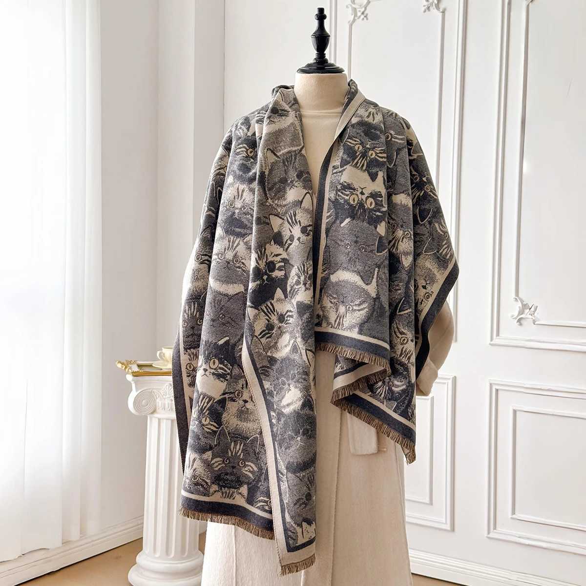 Womens Winter Fashion Warm CatPatterned Imitation Cashmere Poncho Thick Shawl Wrap Bufanda Echarpe Scarf J251129