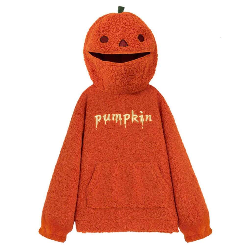 Autumn Hoodies Halloween Party Pumpkin Head Lamb Fleece Women Hooded Sweatshirt Embroidery Thicken Streetwear