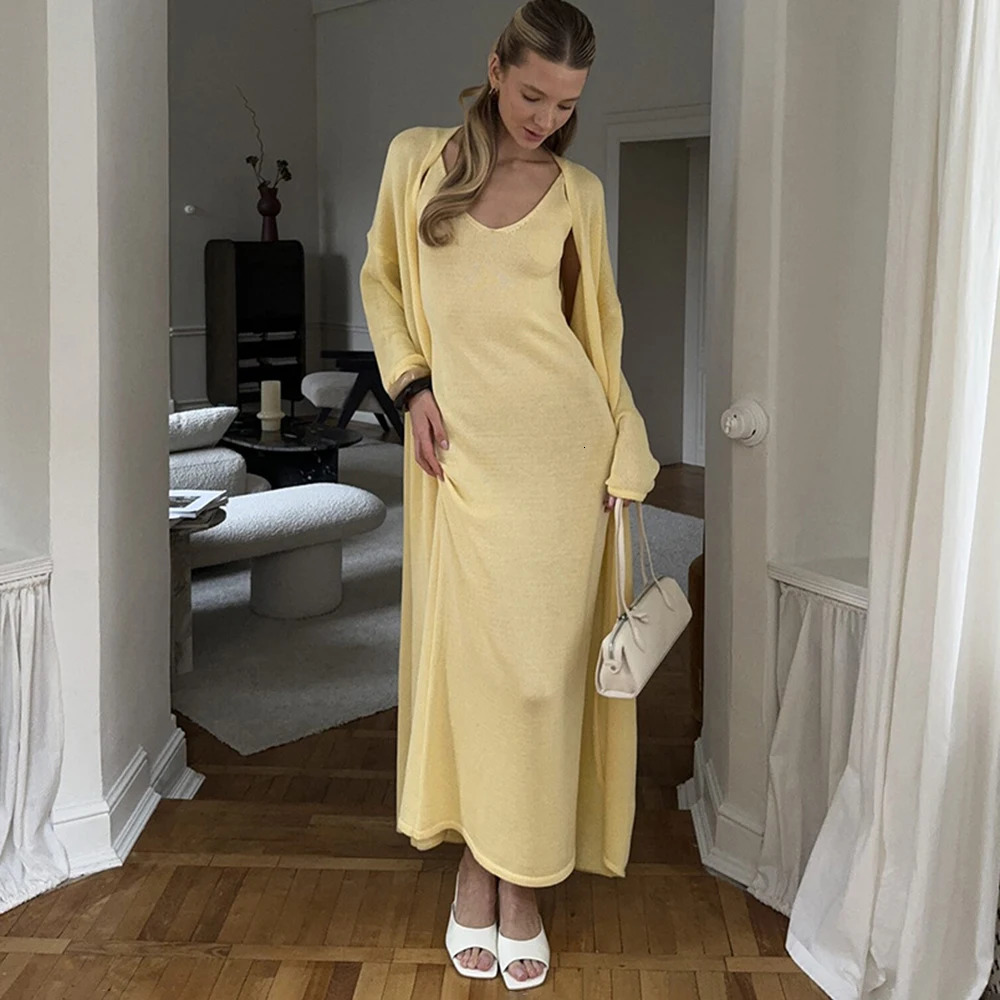 Tuularose Women Long Dress 2 Piece Solid Knitted Spaghetti Strap Dress Long Sleeve Cardigan Set Casual Fashion Female Dress Set 251020