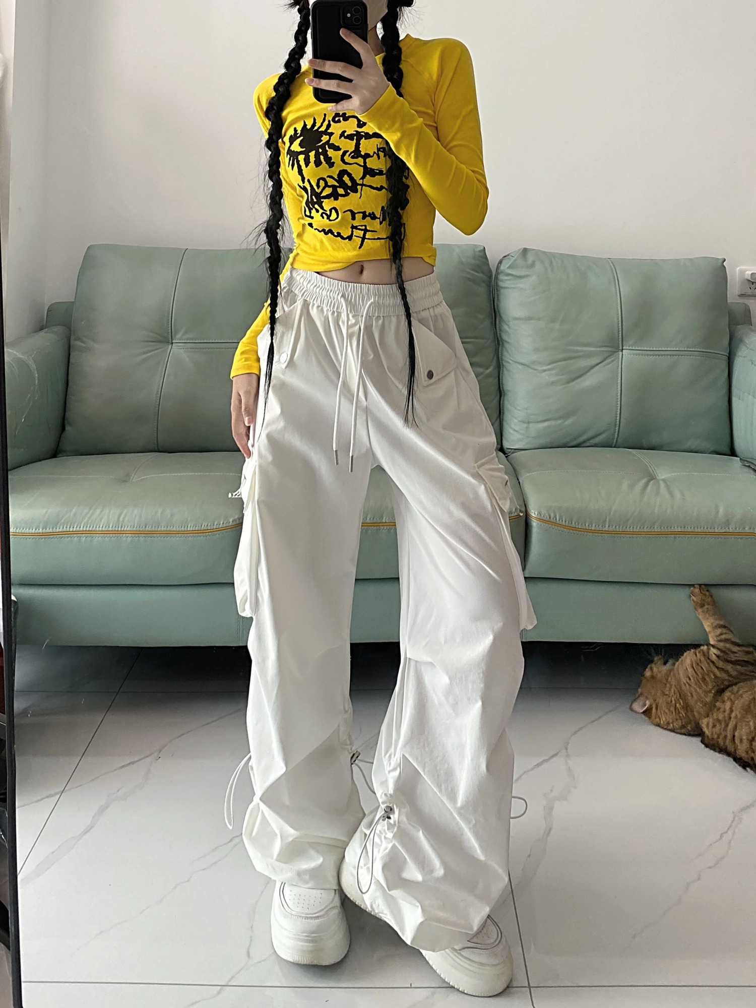 American style large pocket cargo pants womens spring summer style wide leg pants loose slimming casual sports pants 251022