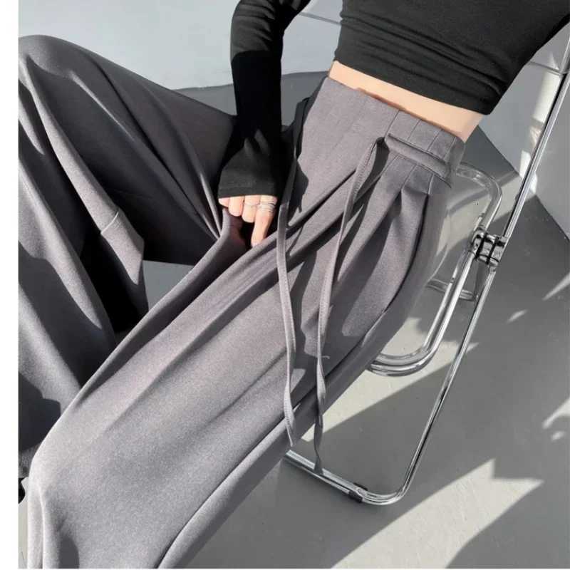 2025 New Spring Summer Laceup Loose Womens Wide Leg Full Length Pants High Waist Solid Female Elegant Straight Casual TrousersT251022