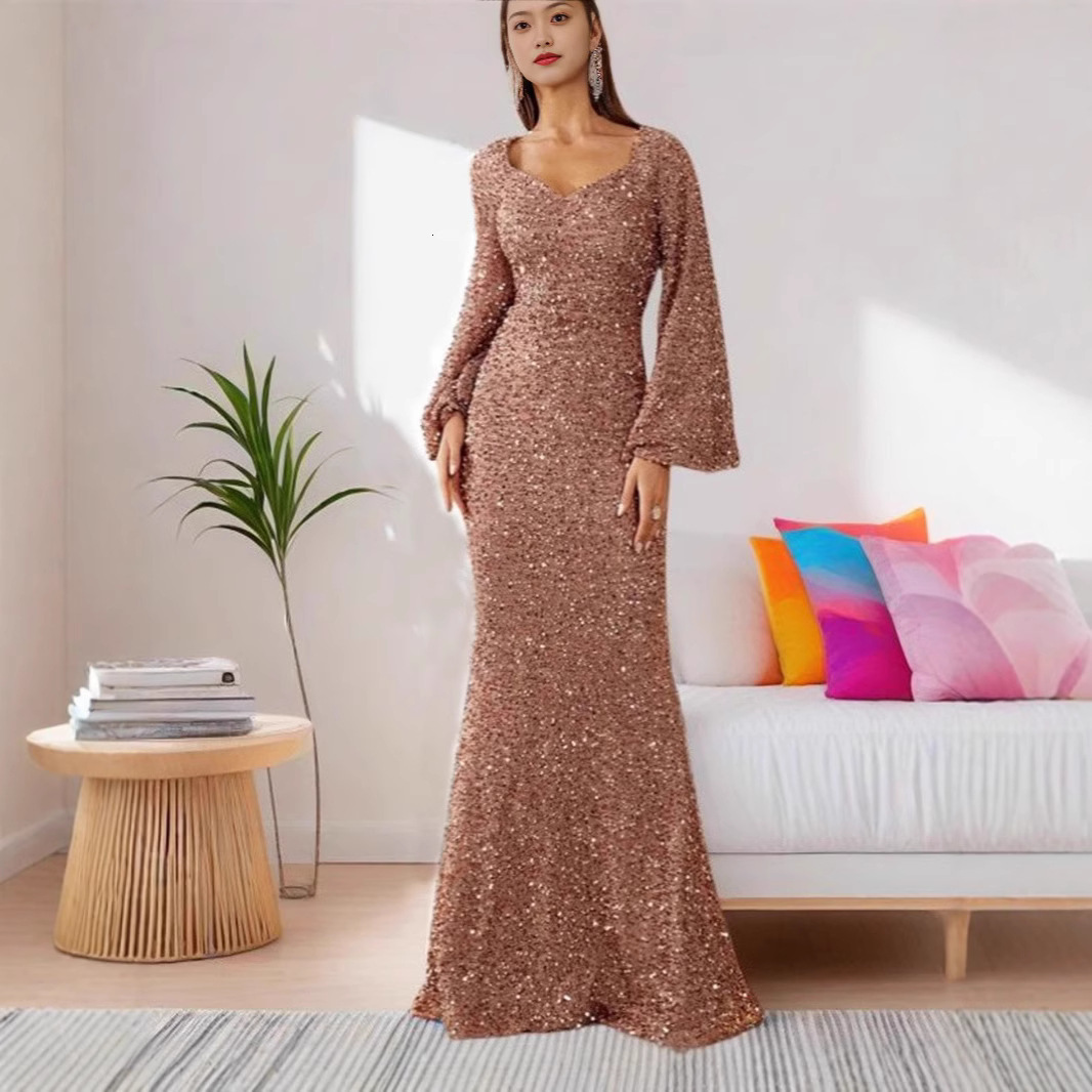 Spring and summer new fashion designer V-neck tight sequin European and American style mid waist flared sleeve length evening gown