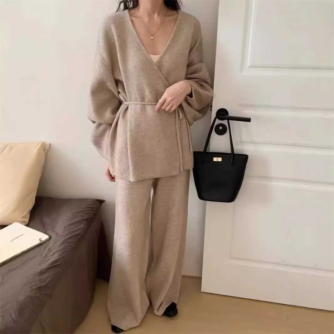Women 2 Piece Sets Cardigan Wide Leg Pants Suit Knitted Coat Trousers Ensemble Lace Up Knitwear Jacket Autumn Winter VintageT251022