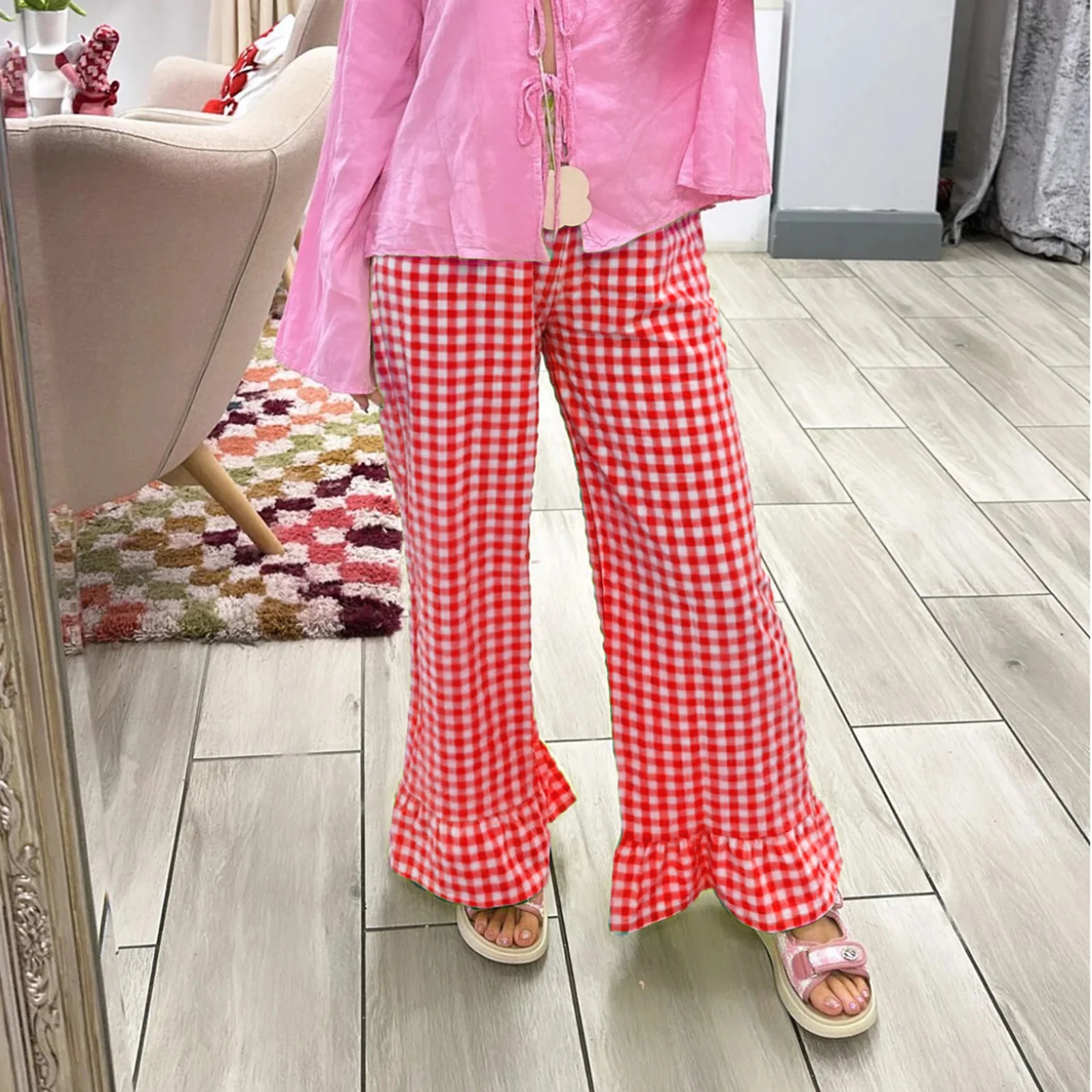 Gaono Women Y2K Plaid Print Flared Pants Ruffle Hem Gingham Long Trousers Elastic Waist Loose Fit Long Bottoms 251016