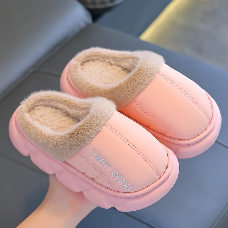 Childrens PU Leather Plush Slippers Soft Sole Nonslip Winter Warm Baby Boys Girls Indoor Home Cotton Shoes 251022