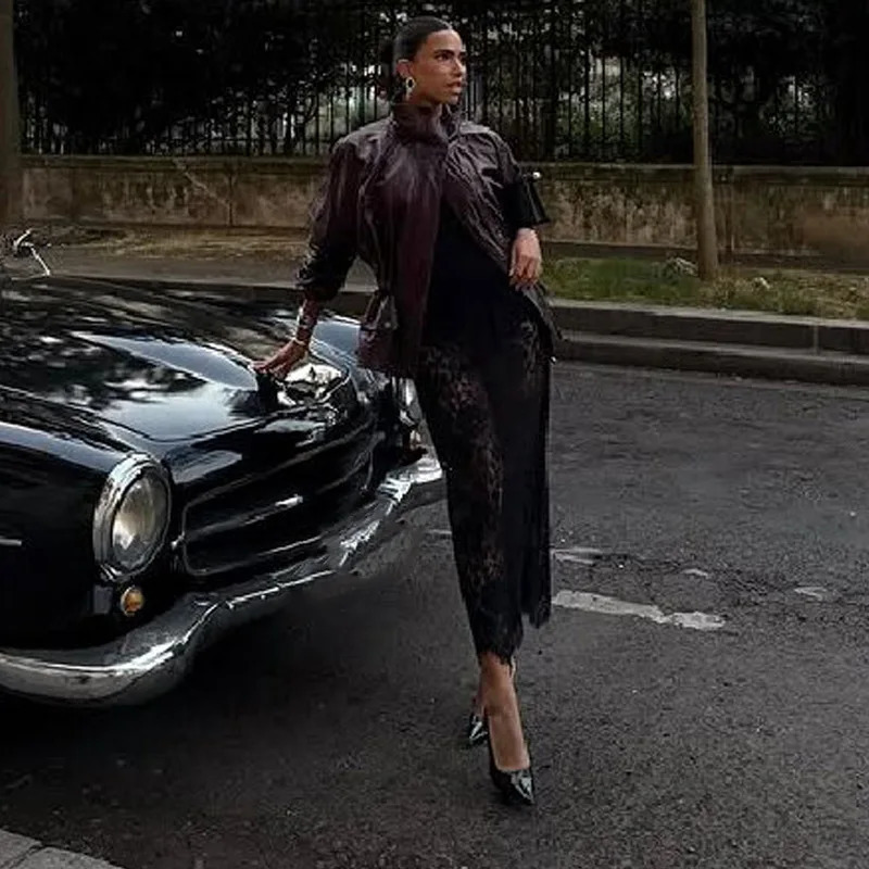 Retro PU Leather Stand Collar Jacket Women Fashion Wine Single Breasted Waistcinching Jackets Lady Chic Street Outwear 251017