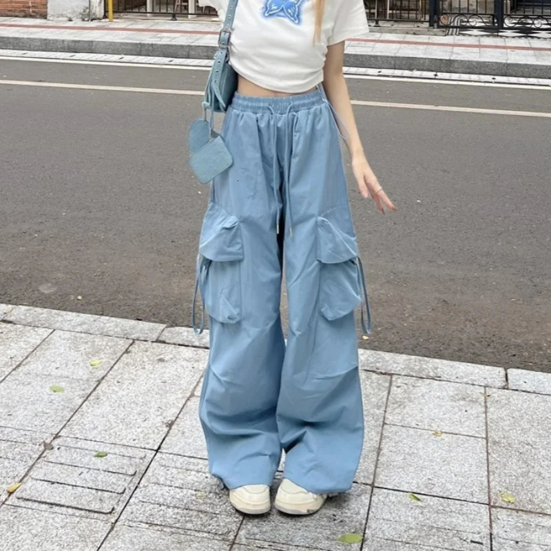 SweatPants Women Vintage Cargo Pants Fashion Elastic Waist Retro Oversized Solid Wide Leg Pant Casual Streetwear Baggy Trousers 251022