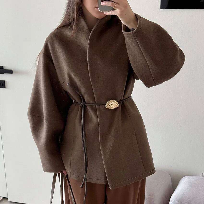 Brown waist woolen jacket women's design sense temperament fashion