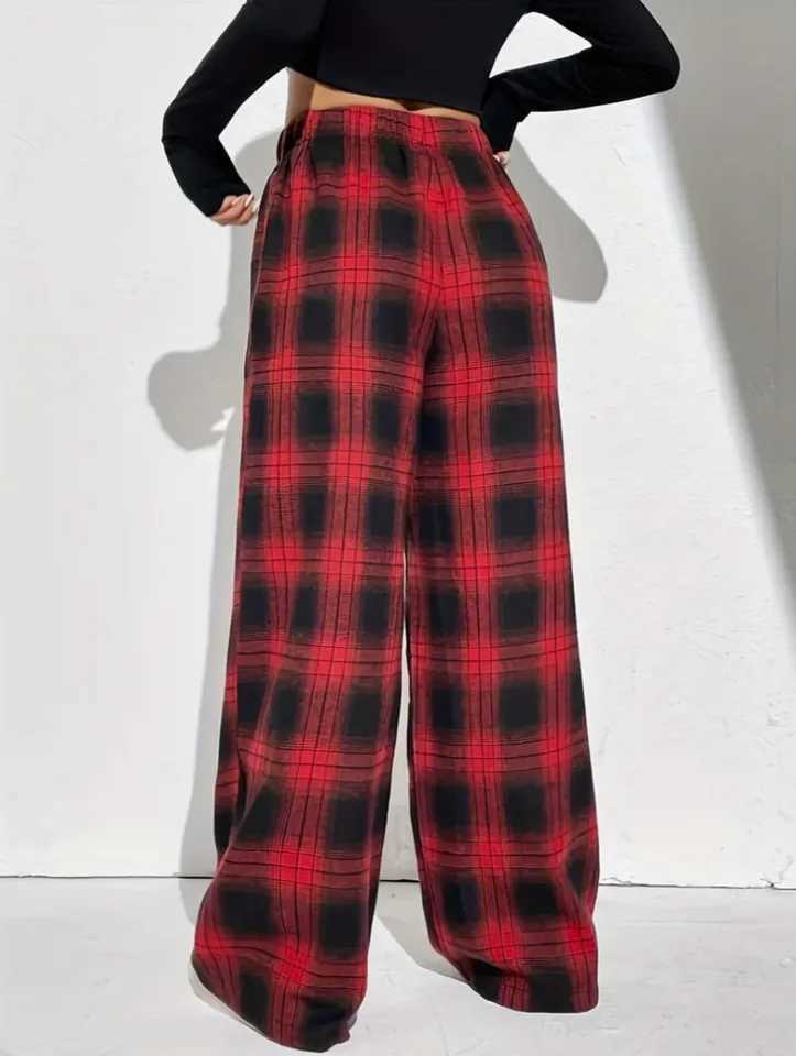 Plaid Print Wide Leg Pants Casual Drawstring Loose Pants For Spring Summer Womens ClothingT251022