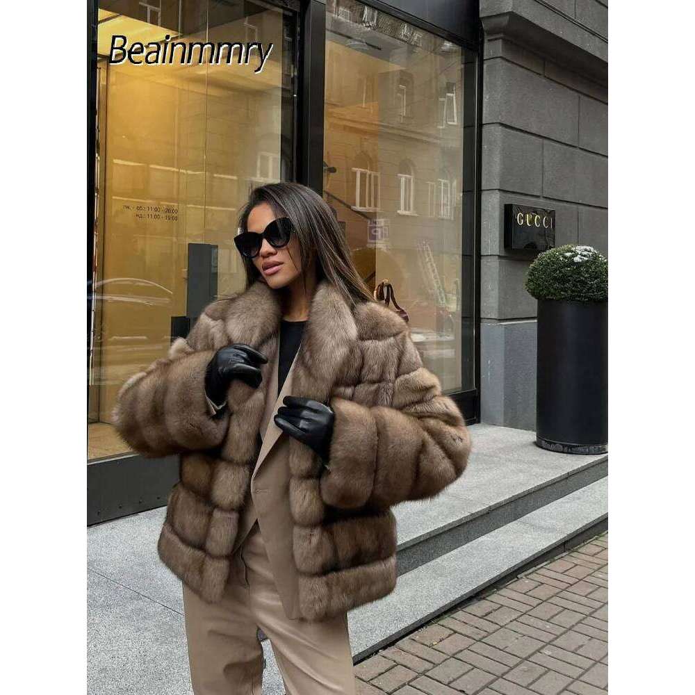 Patchwork Faux Fur Coat Women Fashion Casual Full Sleeve Lapel Loose Long Staple Plush Jacket 2025 Winter Street Wear New