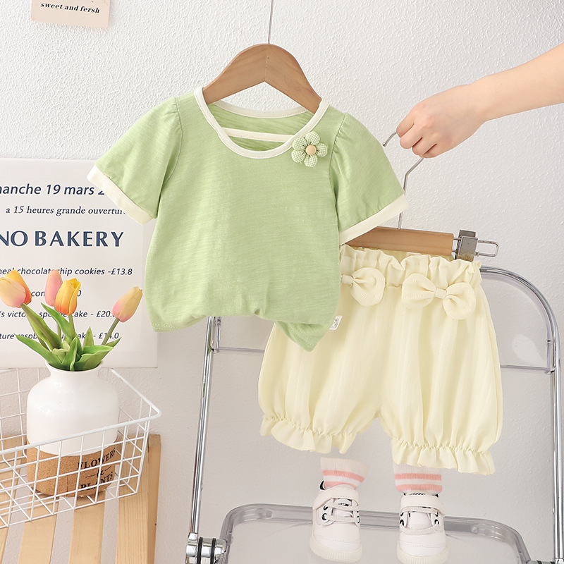 Cute Floral Bow 2-Piece Set, Girls Summer Shorts Outfit, Breathable Cotton Clothes for Toddler