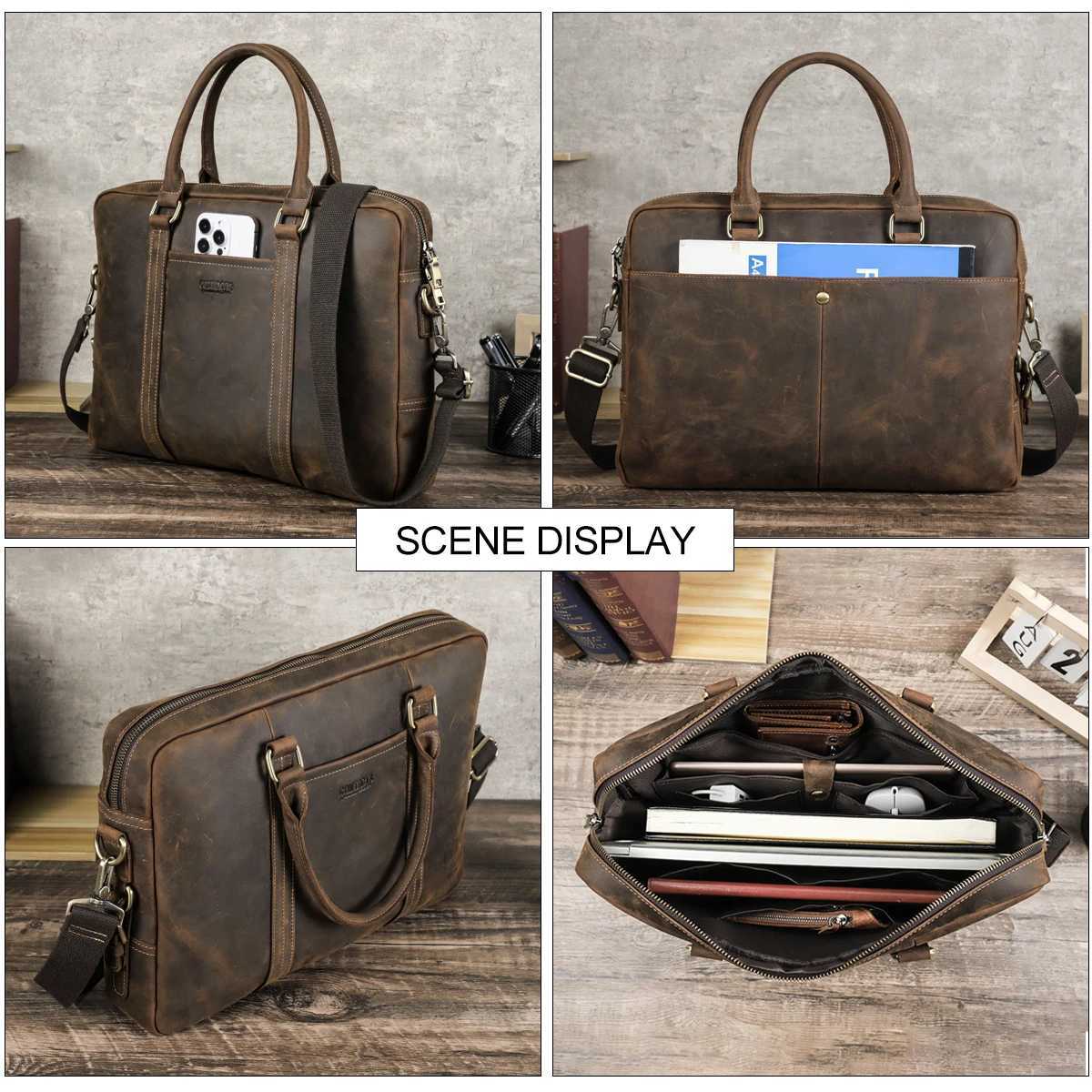 Genuine Crazy Horse Leather Men Laptop Bags Business Mens Briefcase Male Shoulder Tote Handbag Casual Crossbody Bag W251022