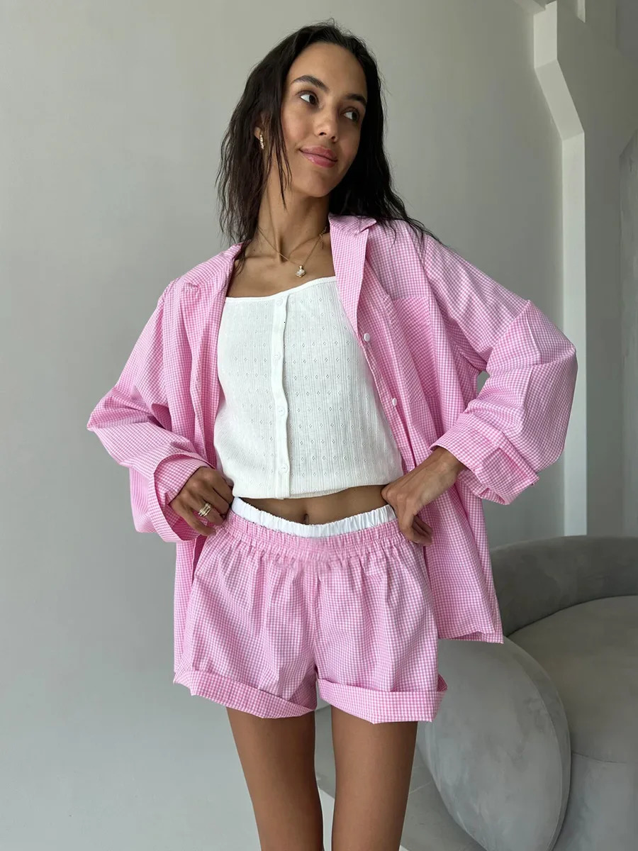 Blubelle 100 Cotton Pink Patchwork Checkered Pajama Set Spring Long Sleeved Shorts Pajamas Womens Casual Home Clothes 251022