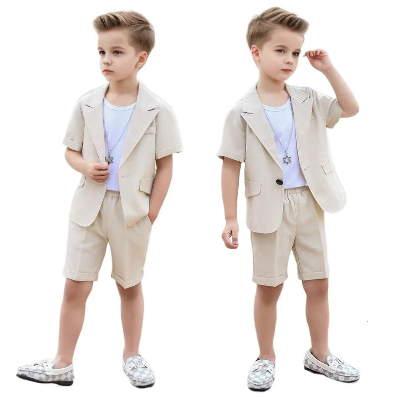 Childrenssummer Short Sleeve 2pcs Suit Set Boys Birthday Party Performance Pography Costume Kids Blazer Shorts Outft 251021