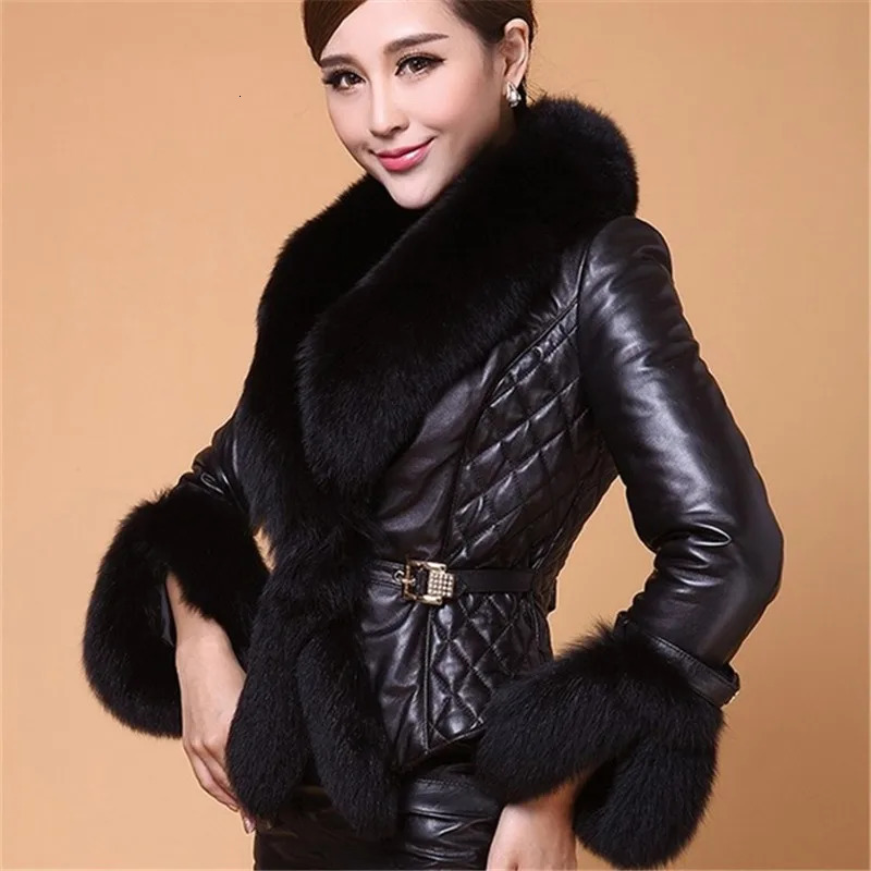 Winter Leather Jacket Women Coat Faux Fox Fur Collar Short PU Female Elegant Motorcycle Zipper Outerwear 251021