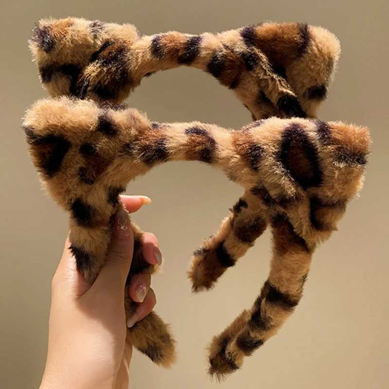 Plush Cat Ears Headband Vintage Leopard Print Hair Hoops Cute Festival Accessories Fashion By Clips Ribbon for Hair Hoop V251022