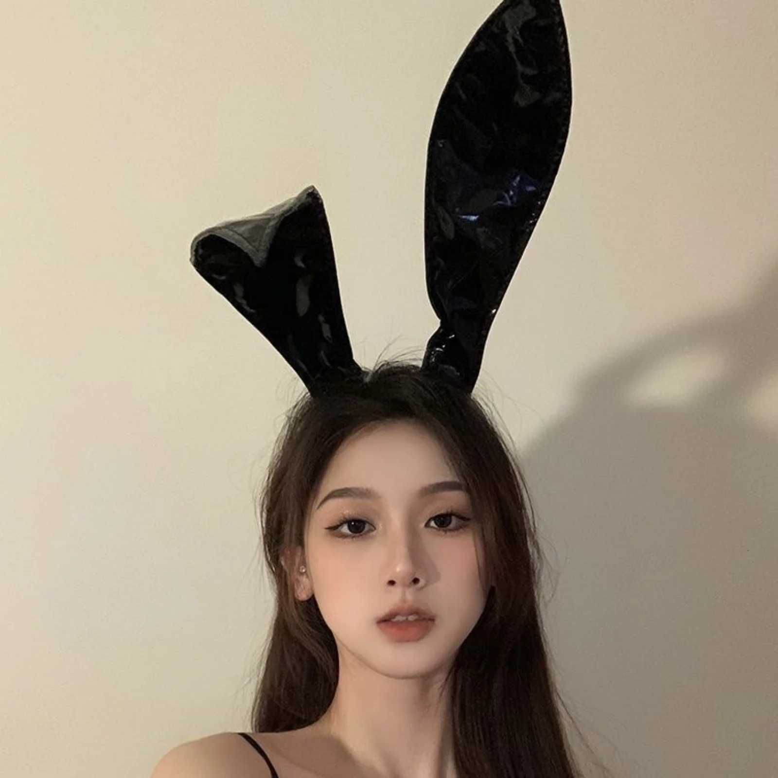 1PC Halloween Bunny Girl Patent Leather Rabbit Ears Headband Black Bunny Ear Hair Hoop For Cosplay V251022