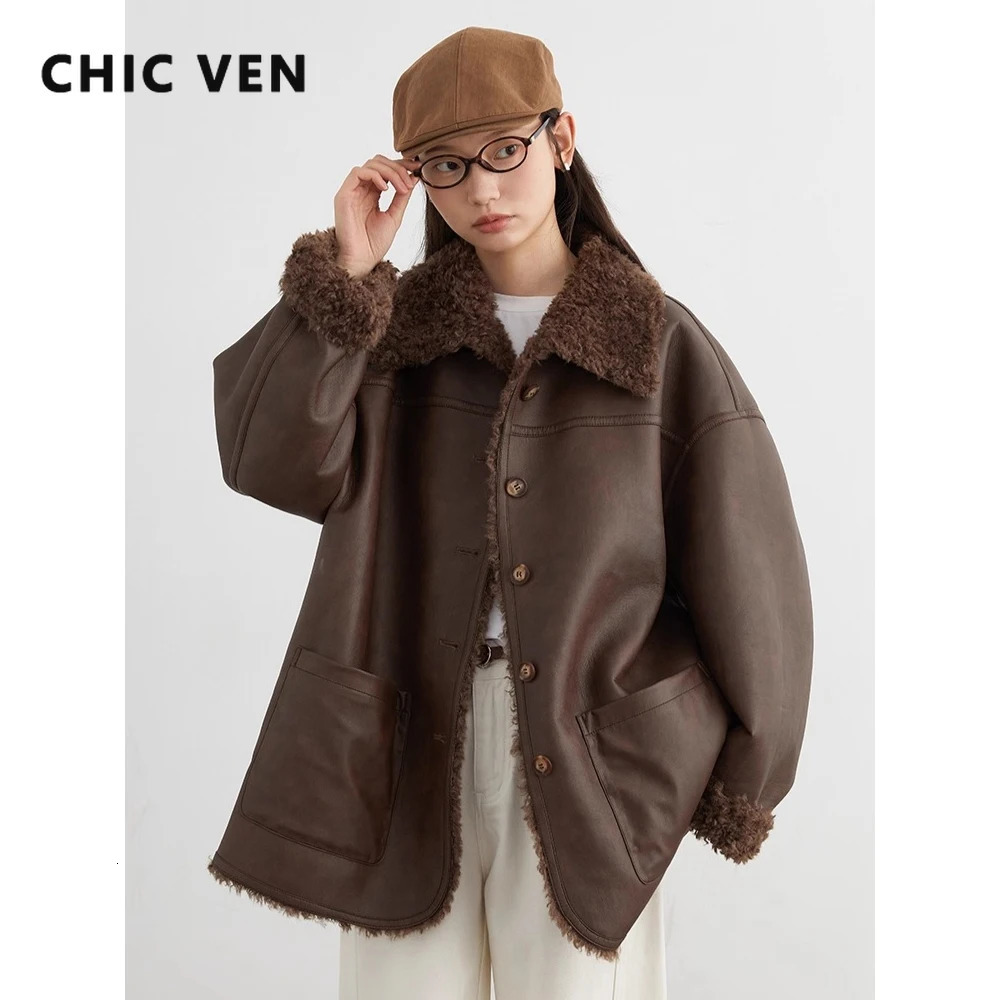 CHIC VEN Women Faux Leather Jacket Coat Loose Casual Reversible Mid Length Overcoat Retro Ladies Outerwear Autumn Winter 251021