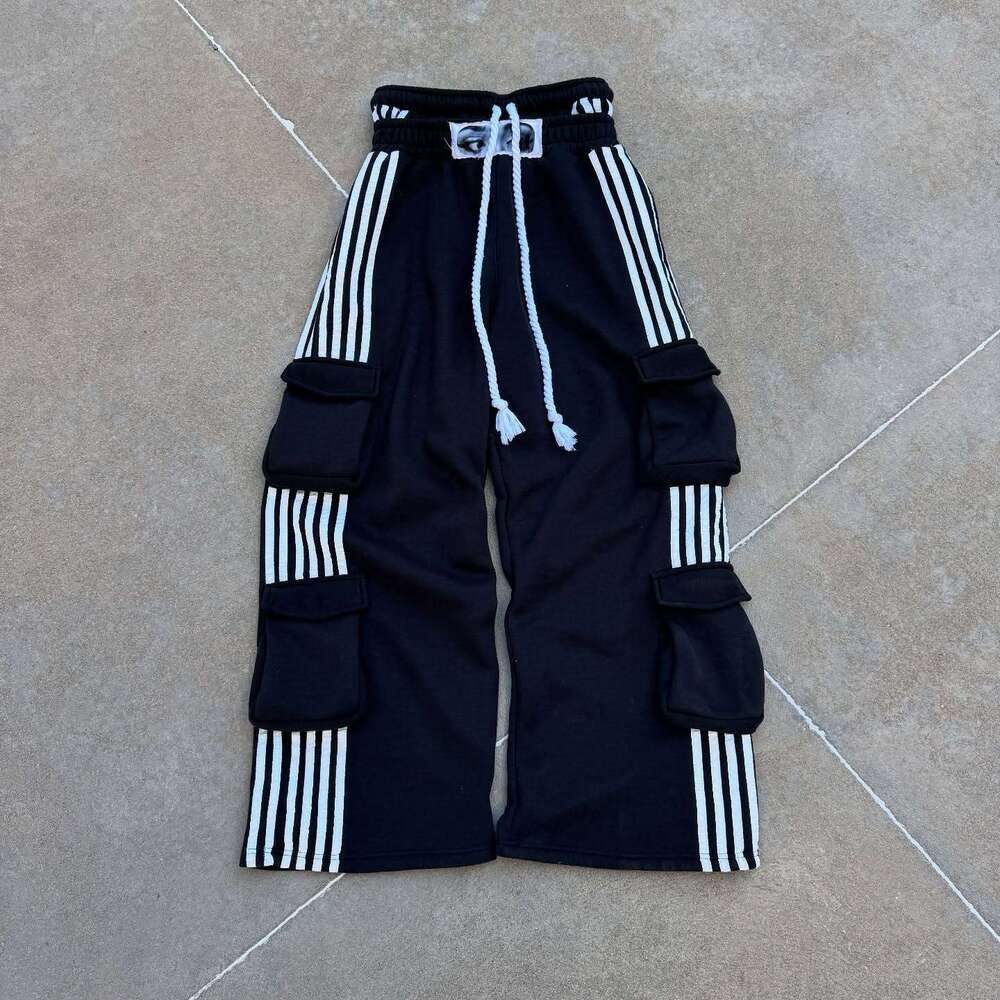 American Style Striped Print Loose Unisex Street Hip Hop Personality Patch Embroidered Sweatshirt and Sweatpants