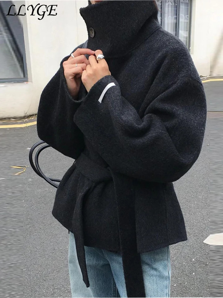 Street Womens Belt Stand Collar Woolen Coats Chic Single Breasted Full Sleeve Jacket Autumn Winter Lady Commute Outwear 251021
