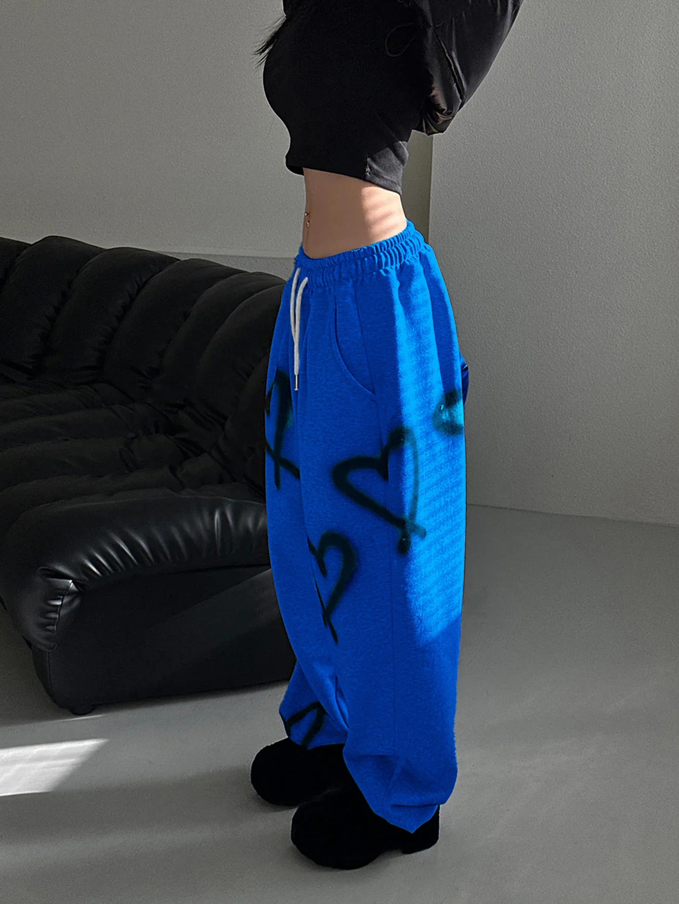 Womens Random Heart Print Drawstring Waist Sweatpants Y2k Pants Wide Leg 251017