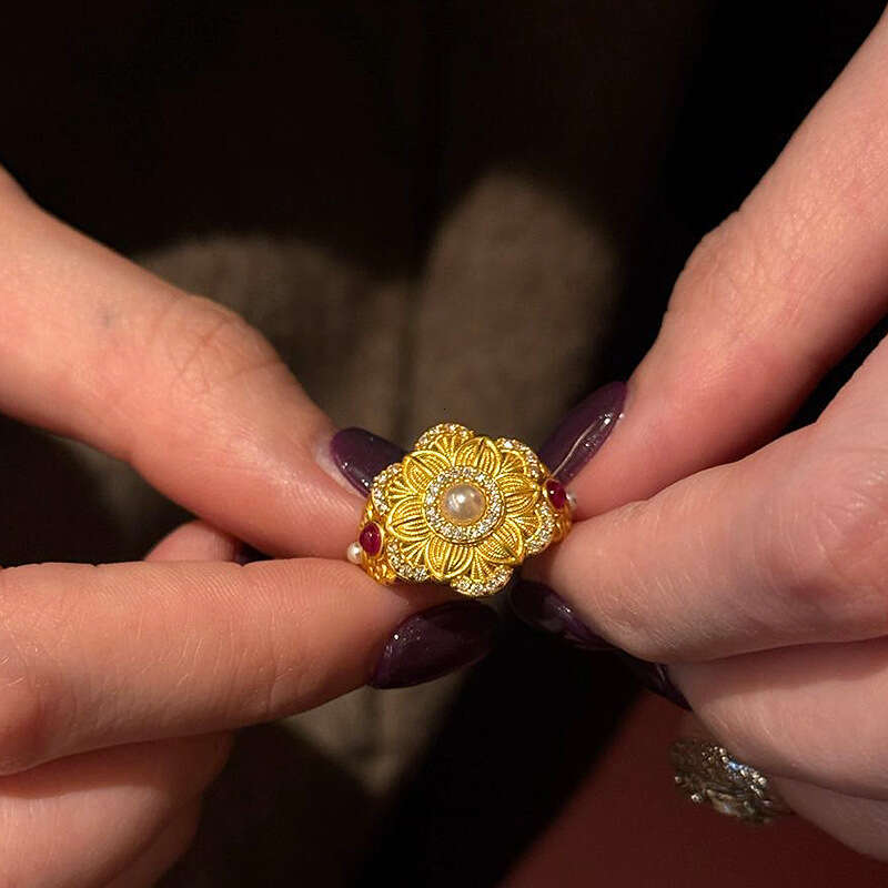 Blooming Flowers Small Gold Flower Pearl Ancient Method New Chinese Style Fortune Lotus Ring