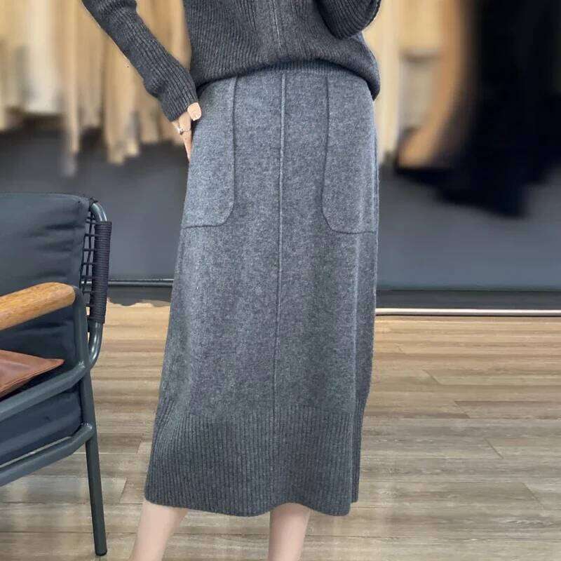 Women's Knitted Cashmere Double Pocket 100% Pure Wool Commuter Joker Straight Skirt For Autumn Winter New 251022
