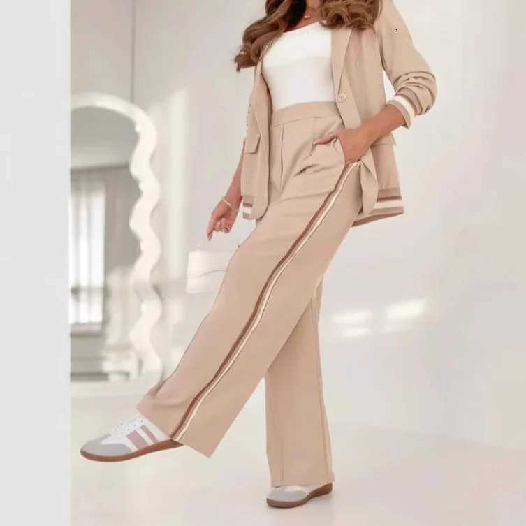 Pant Sets Women Wide Leg Pants Two Piece Set Button Coats Matching Sets Patchwork High Waist Elegant Trousers Pockets SportyT251022