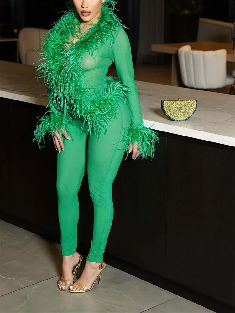 2025 Feather Patchwork Suit Fashion Casual Womens Sets Long Sleeve Tops and Pants Sexy Pink Elastic Two 2 Piece Set Outfits 251022