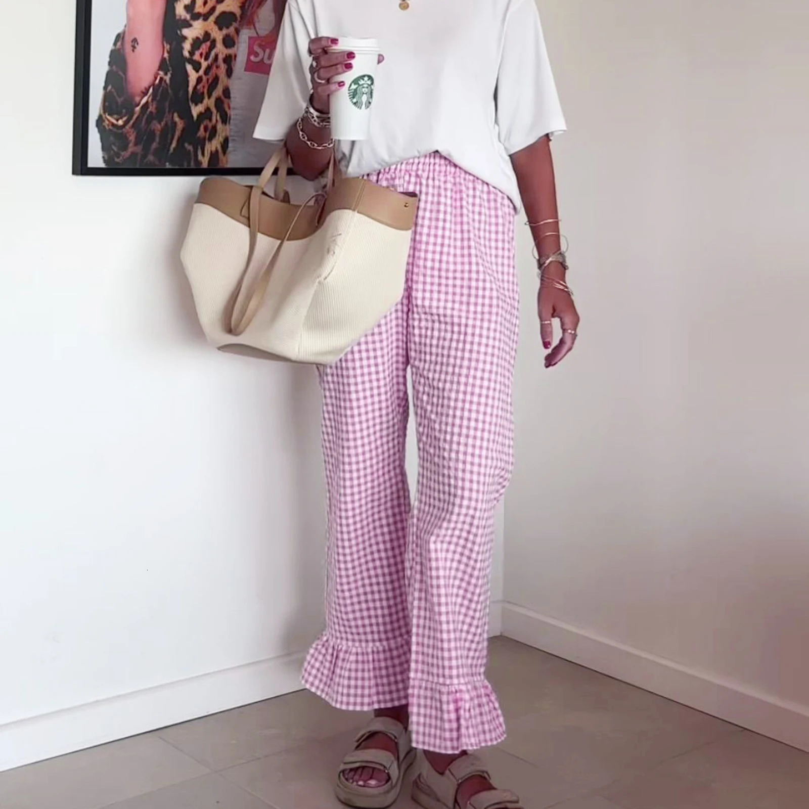 Gaono Women Y2K Plaid Print Flared Pants Ruffle Hem Gingham Long Trousers Elastic Waist Loose Fit Long Bottoms 251016