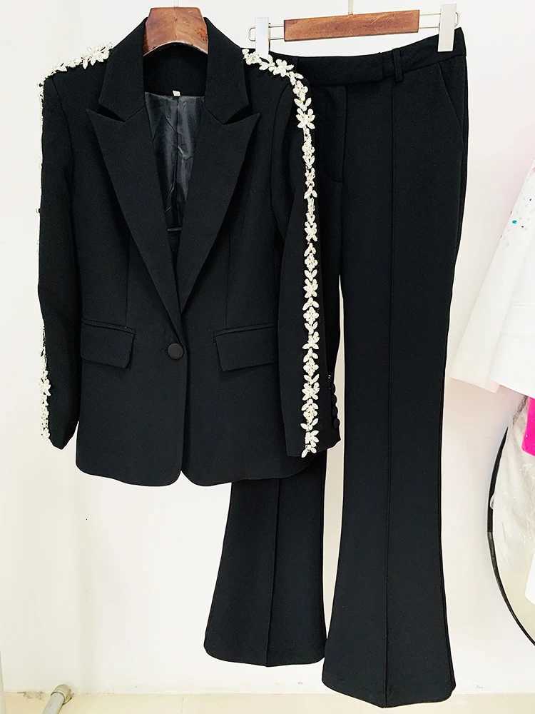 HIGH STREET Newest 2024 Runway Designer Suit Set Womens Career Style Single Diamonds Beaded Blazer Flare Pants SuitT251022