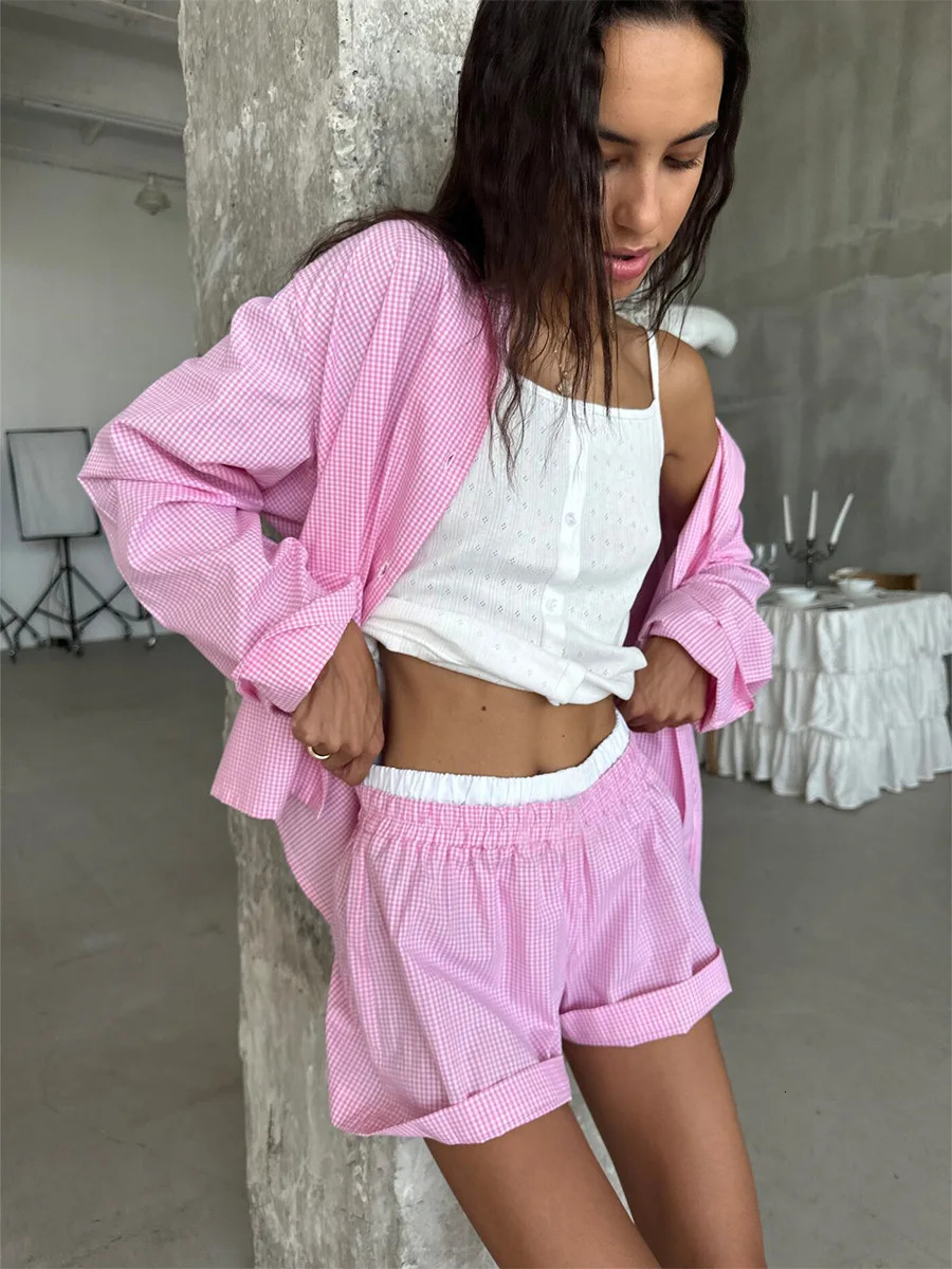 Blubelle 100 Cotton Pink Patchwork Checkered Pajama Set Spring Long Sleeved Shorts Pajamas Womens Casual Home Clothes 251022