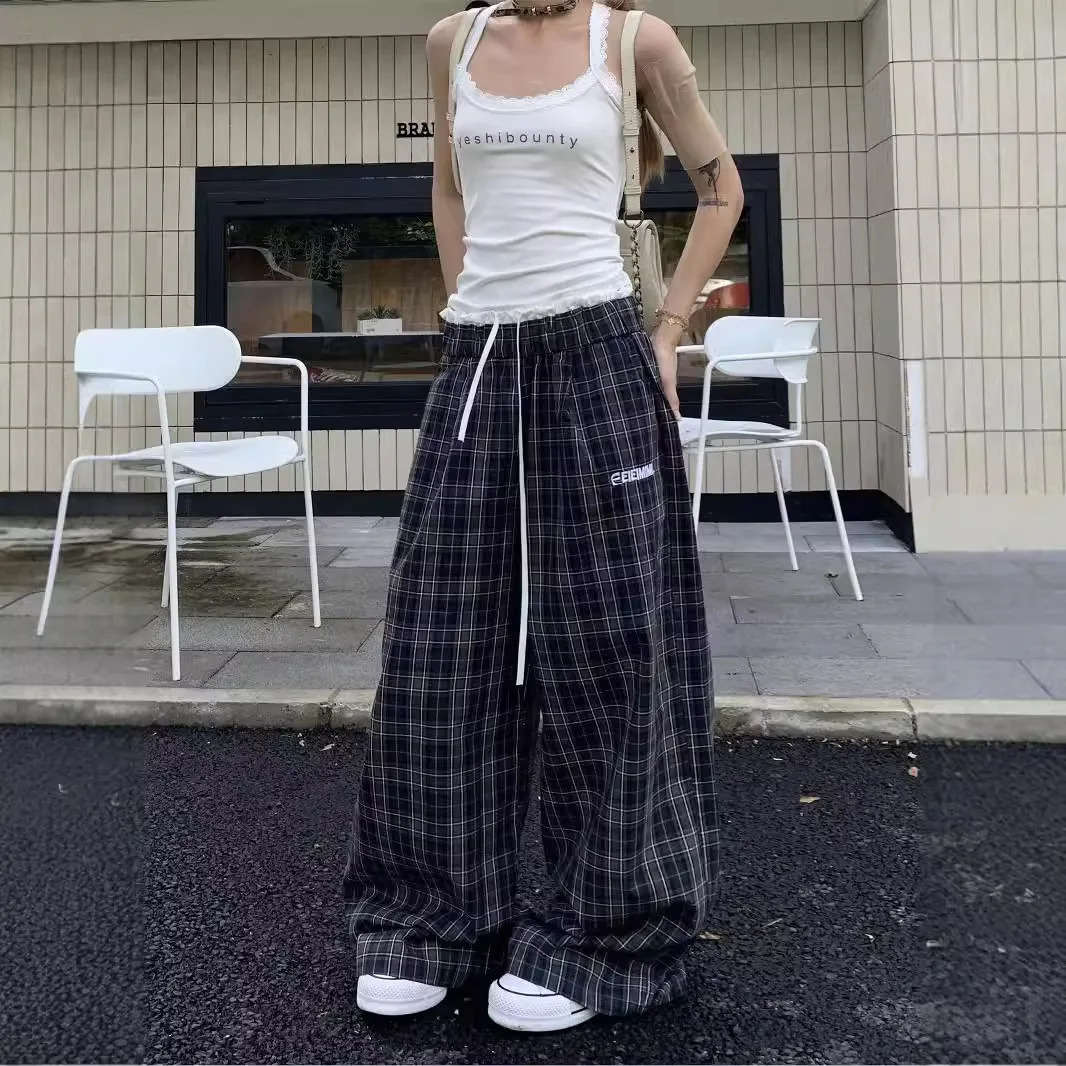 Plaid splicing wideleg pants womens spring and autumn high waist loose casual drape straight floor trousers 251016