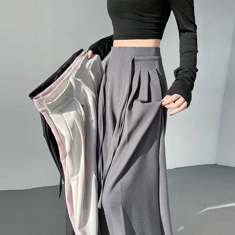 2025 New Spring Summer Laceup Loose Womens Wide Leg Full Length Pants High Waist Solid Female Elegant Straight Casual TrousersT251022