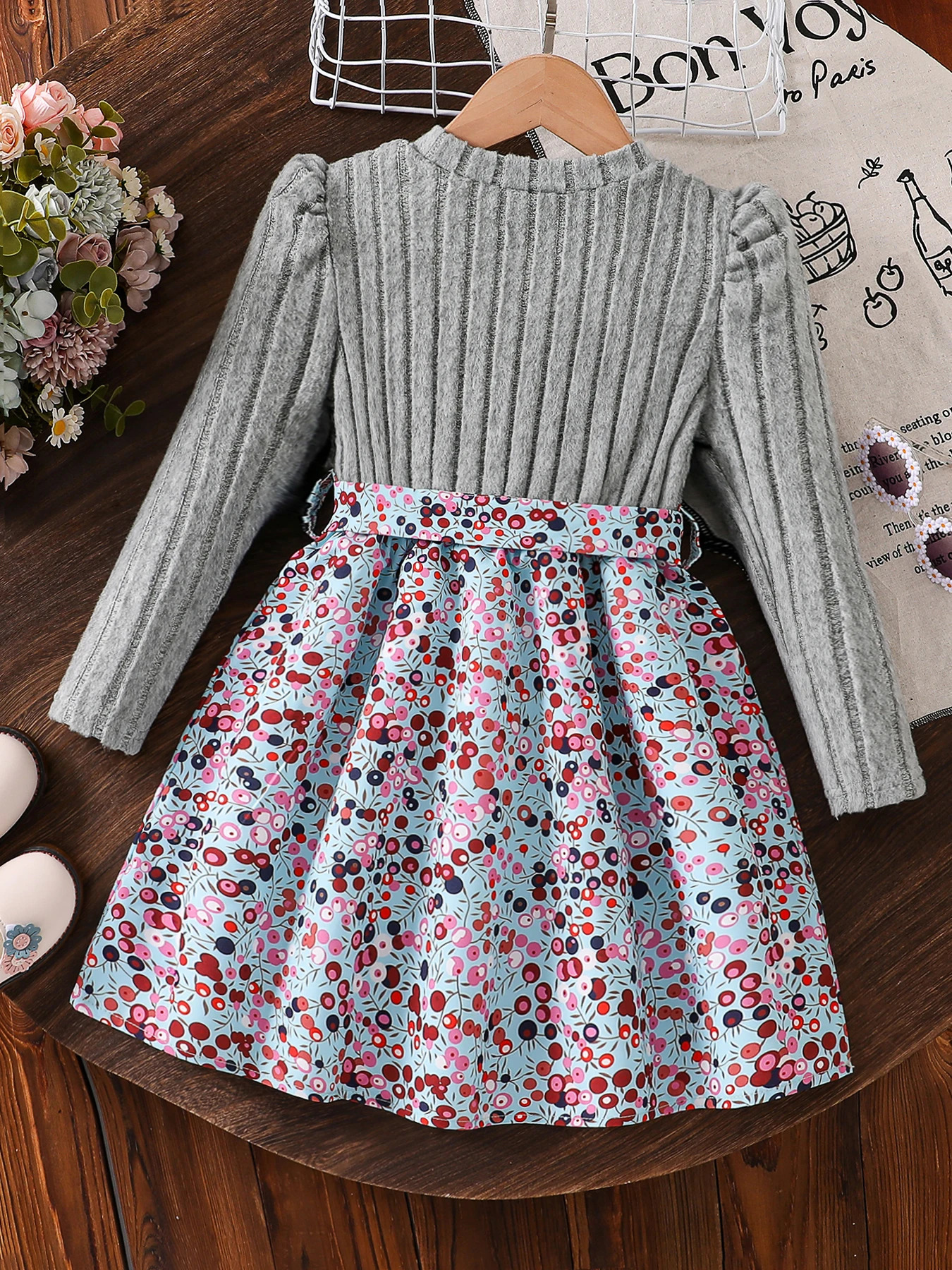 Spring and Autumn Girls Simple Casual Versatile Knitted Round Neck LongSleeved Floral Dress Girls Daily Casual Dress 251016