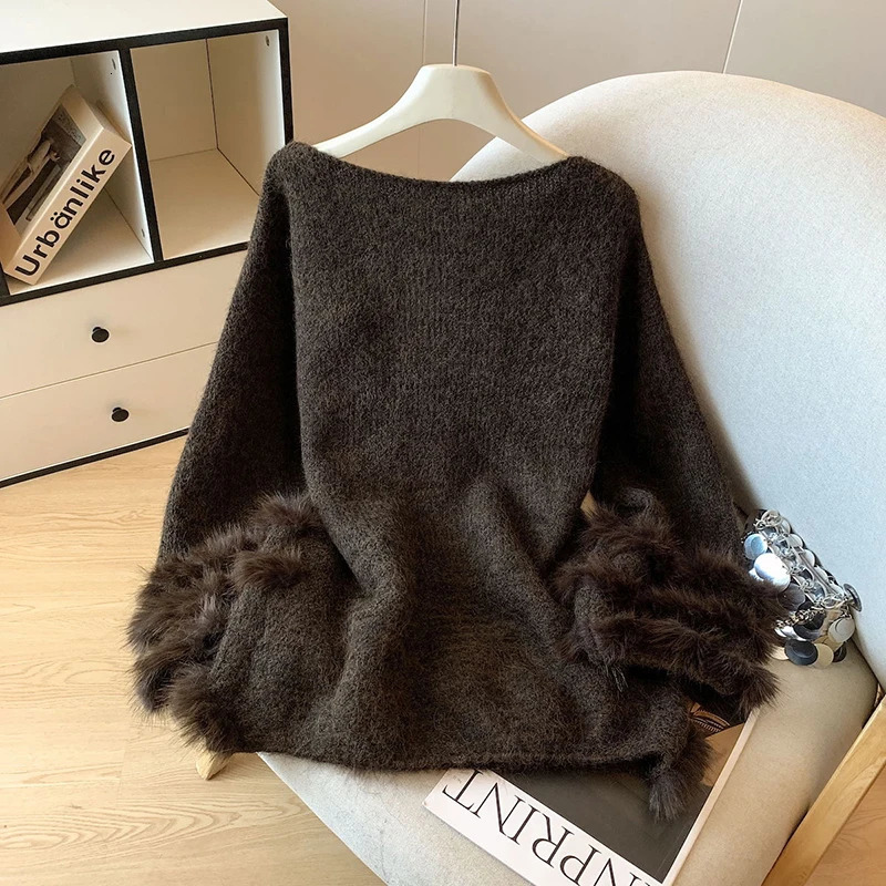 MEXZT Faux Fur Patchwork Sweater Women Korean Fashion Long Sleeve Knitted Pullovers Winter Elegant Knitwear Ladies Loose Jumpers 251016