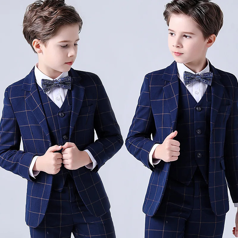 Spring Big Boys Top Quality Plaid Wedding Suit Teenager Kid Formal Tuxedo Bowtie Dress Children Blazer Party Performance Costume 251021