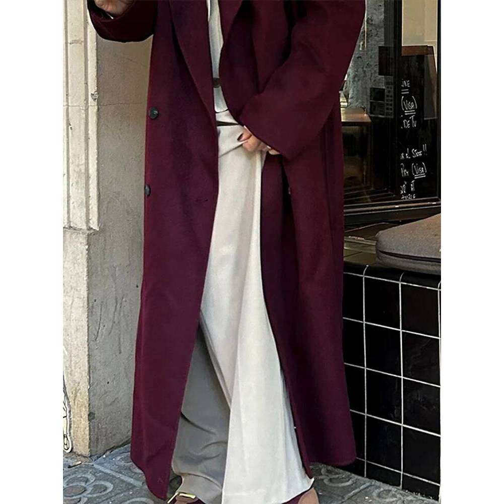 Suit Woolen Coat Bury Red Double Breasted Lapel Pockets Long Sleeves Women's Overcoat Winter Thicken Loose Outwear Top