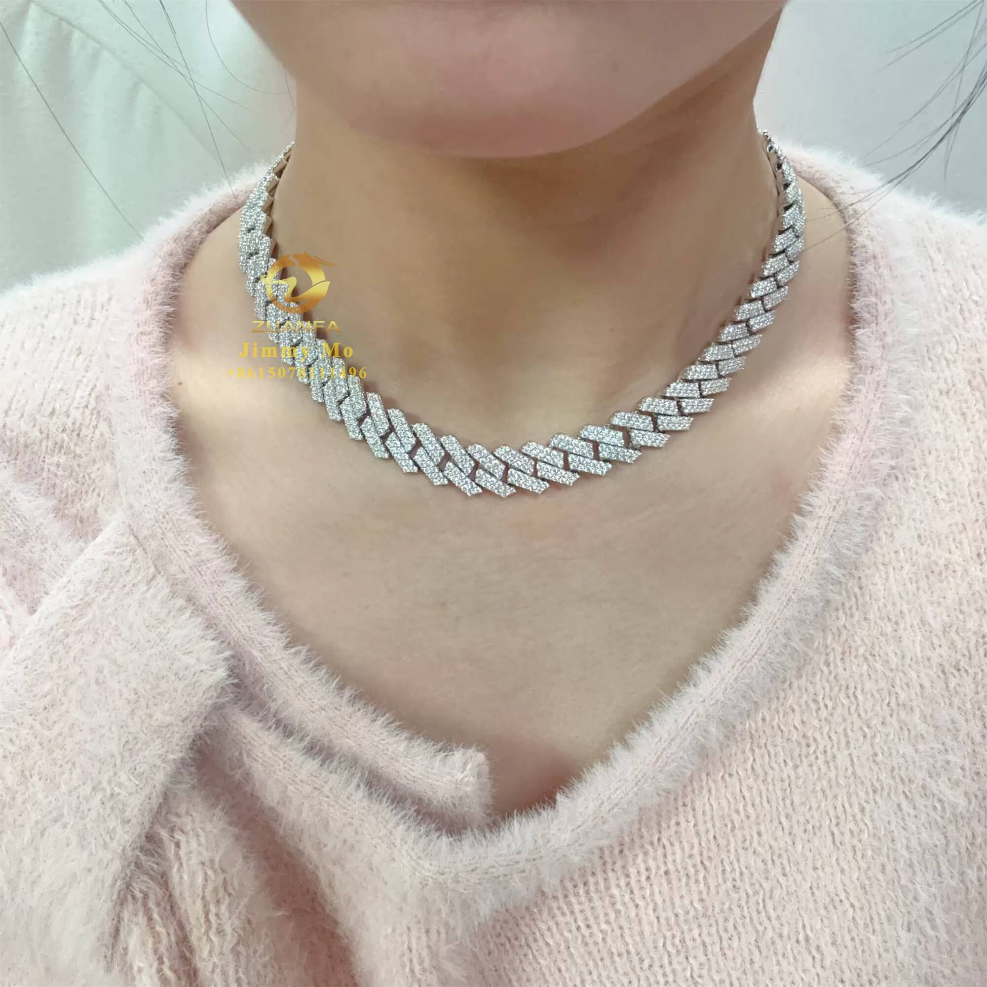 Hot Selling Pass Diamond Tester 925 Solid Silver 13mm Two Rows Iced Out Hip Hop Flawless Moissanite Diamond Cuban Link Chain