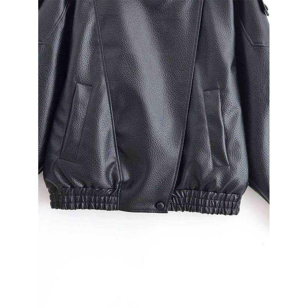 Women's Fall 2025 New Black Long Sleeve Pebble Faux Leather Jacket Motorcycle Style Personality Fashion