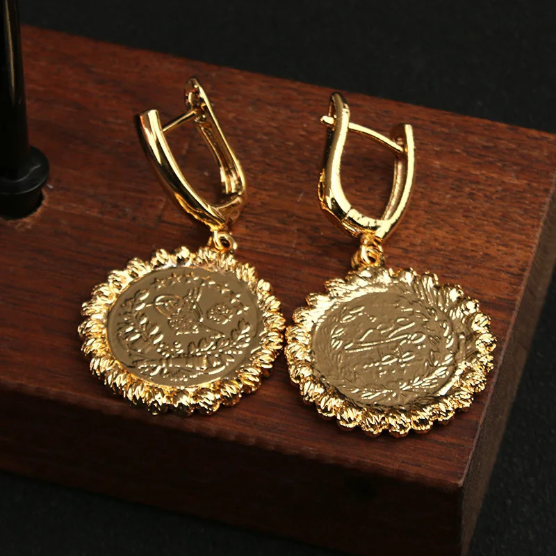 Turkish Coin Dangle Earrings Gold Plated Ehtnic Wedding Jewelry Round Drop Earrings Middle East Arabic Bridal Earring 251022 - view 4