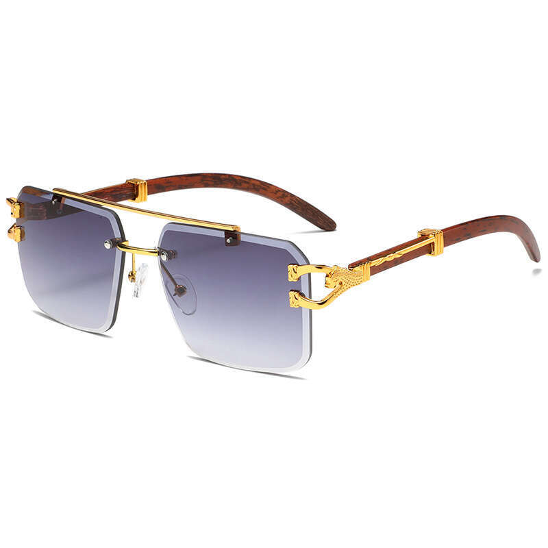 Wood Grain Leopard Decor Frameless Crossbar Square Sunglasses Fashion Gradient Colorful Lens