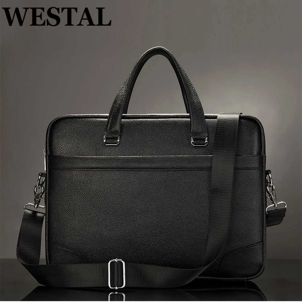 WESTAL Mens Leather Briefcase For Documents Genuine Leather 14 Inch Laptop Bag Shoulder Bags Men Leather Briefcases Totes 9082 W251022