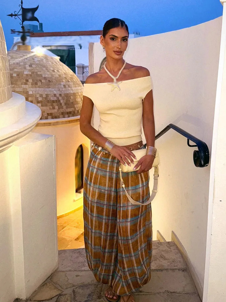 HH Women Autumn Ramie Bloomers Plaid Printed Loose Pants Female Fashion Versatile Drawstring Streetwear Casual Trousers 251016