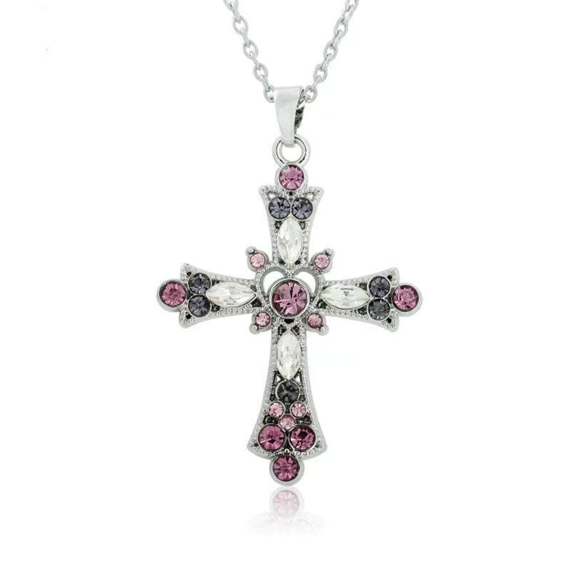 Vintage Crystal Cross Pendant Necklace Bohemian Style Crystal Dia Cross Pendant Necklace for Women Collarbone Chain