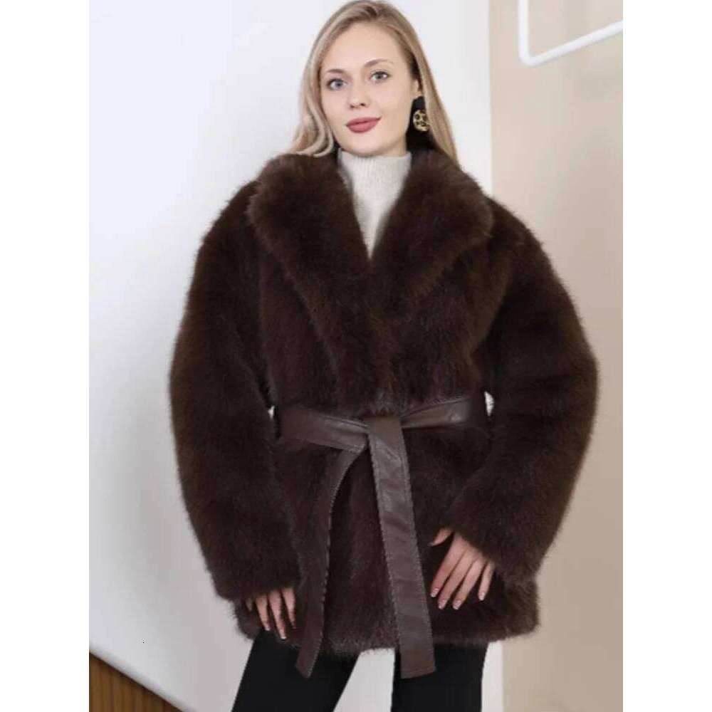 Fashion Women's Lapel Faux Fur Coat with Belt 2025 Winter Long Sleeve Female Thicken Warm Jackets Casual Lady Outerwear Street