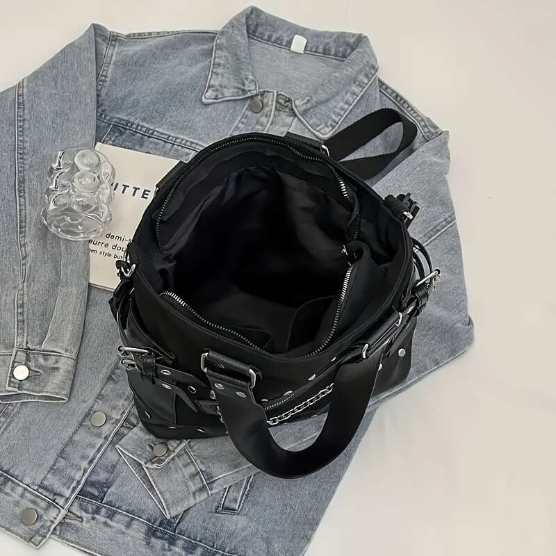 Punk Style Large-Capacity Handbag - Retro Solid Color With Rivet Embellishment, Adjustable Shoulder Strap, Nylon Material, Suitable Outdoor Daily Use,