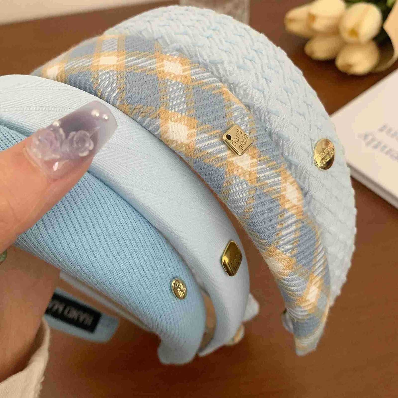 New Korean Style Sponge Headband for Women Elegant Gold Label Blue Wide Brimmed Hair Band Fashion Girl Face Wash Hair Hoop M251022